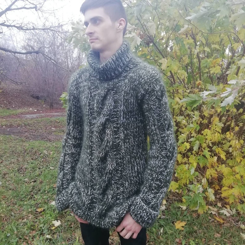 Chunky Mohair Knitted Sweater Turtleneck for Men's Green | Etsy