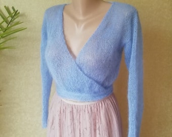 Light Blue Bridal Cardigan Knitted Mohair Wedding Sweater Elegant Women Ballet Wrap Cropped Jacket Long Belt