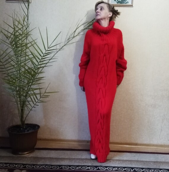 Mohair Women Knitted Dress Turtleneck 
