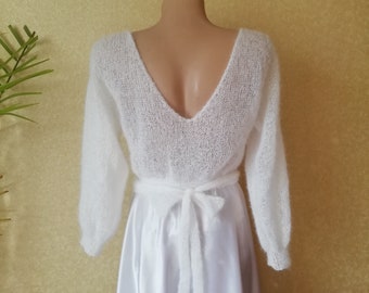 Pull de mariage blanc en mohair, cardigan court pour mariée, tricoté à la main pour femmes, enveloppe de ballet, veste élégante légère, pull sur mesure, poncho