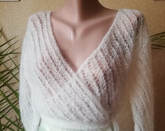 Ivory Mohair Knitted Bridal Sweater Women's Lace Wedding Jacket White Cropped Ballet Wrap Custom Knit Fuzzy Bridesmaid Angora Cardigan