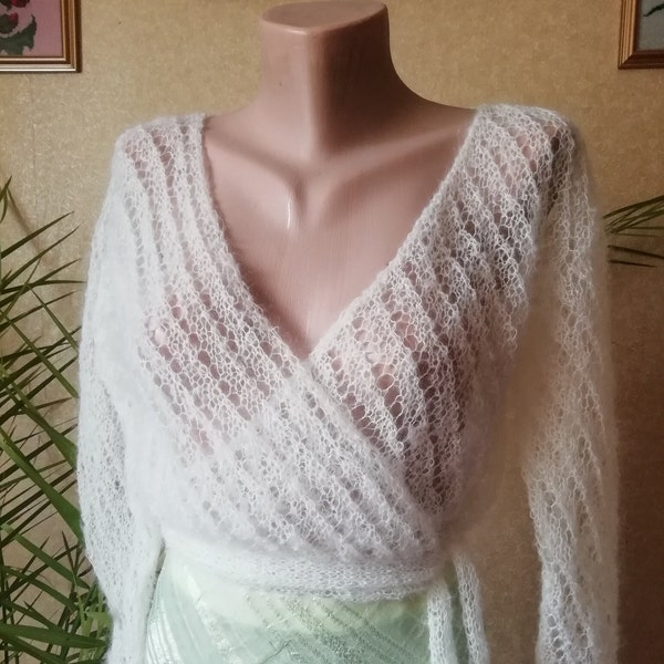 Ivory Mohair Knitted Bridal Sweater Women's Lace Wedding Jacket White Cropped Ballet Wrap Custom Knit Fuzzy Bridesmaid Angora Cardigan