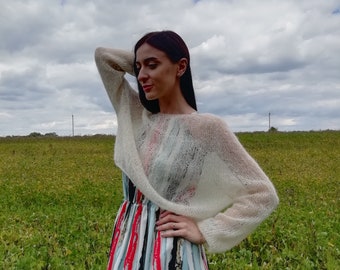Ivory wedding sweater Light women's knitted sweater White mohair jumper with golden lurex Bridal poncho oversized Copped jacket mesh