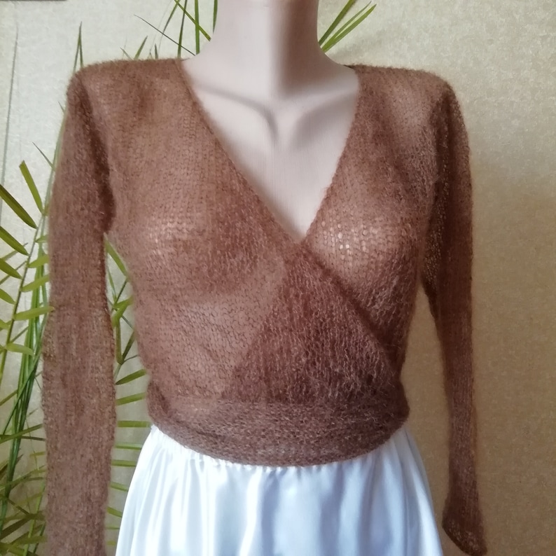 Giacca da donna in mohair lavorata a maglia, ordine personalizzato, maglione bianco da sposa, abiti da damigella d'onore, mantello corto della sposa, scialle da balletto, pullover sottile, cintura immagine 11