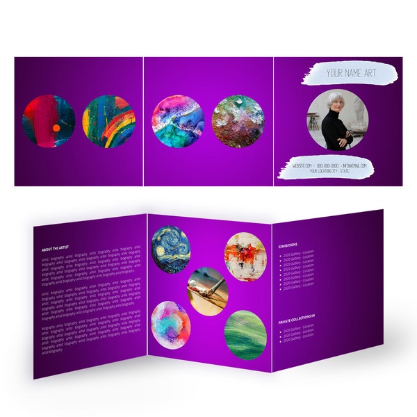 CANVA square trifold brochure template for artists & photographers. Unfolded, pamphlet, folded art photography flyer, brochure