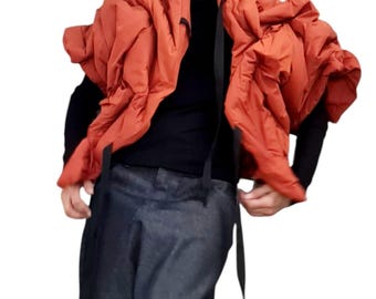 Brick Orange Quilted Jacket, Short Puffer Vest, Asymmetric Avant Garde Women Outerwear