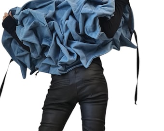 Denim Extravagant Jacket, Avant-Garde Denim Jacket, Light Blue Asymmetric Jacket with Ruffles, Handmade Statement Short Coat