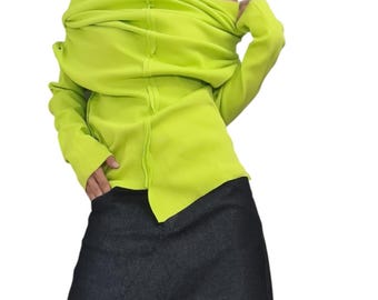 Lime Asymmetric Women Cotton Top, Deconstructed Fitted Blouse, Bare Shoulder Style, Avant Garde Blouse