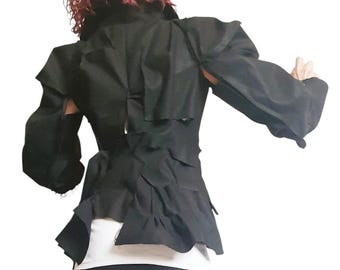 Asymmetric Black Denim Avant Garde Blazer Jacket for Women, Futuristic Deconstructed Fitted Style