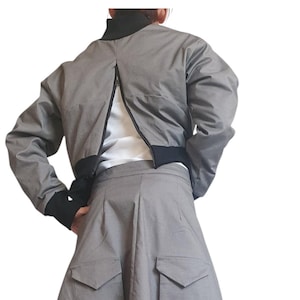 Grey Cropped Winter Bomber Jacket, Off Shoulder Neckline, Back Zip Opening