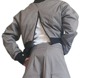 Grey Cropped Winter Bomber Jacket, Off Shoulder Neckline, Back Zip Opening