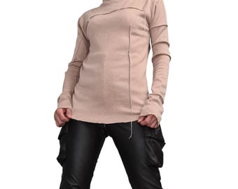 Beige Turtleneck Top, Fitted Long Sleeves, Exposed Seams, Avant Garde Winter Clothing