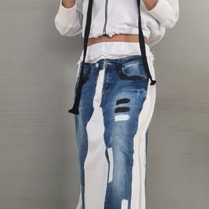 New collection Extravagant White Long Skirt, Cotton Denim Skirt, Deconstructed Avant Garde Skirt Outside Seam DRESSSHOESCODE