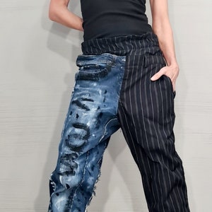 Extravagant Denim Pants, Asymmetric Denim Harem Pants, Painted Streetwear Pants, Deconstructed Denim, Women Denim Harem