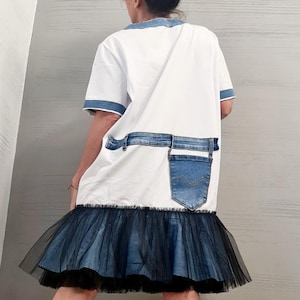 Extravagant Cotton Denim Tulle Tunic Dress, Casual Oversized T-Shirt Dress with Jean Accents – Unique Layered Skirt Style