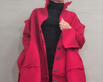 Rode wollen oversized jas, grote maten winterkleding