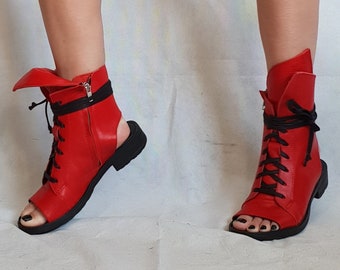 Red Asymmetric Sandals, Extravagant Sandals, Steampunk Shoes, Gothic Sandals, Red Leather Sandals, Handmade Shoes