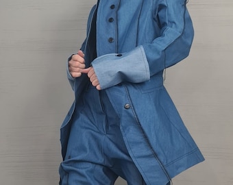 New collection Extravagant Denim Women Costume, Asymmetric Avant Garde Blazer, Women Cargo Pants, Deconstructed Futuristic Clothing