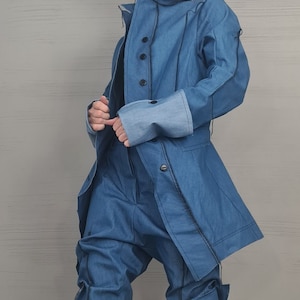 New collection Extravagant Denim Women Costume, Asymmetric Avant Garde Blazer, Women Cargo Pants, Deconstructed Futuristic Clothing