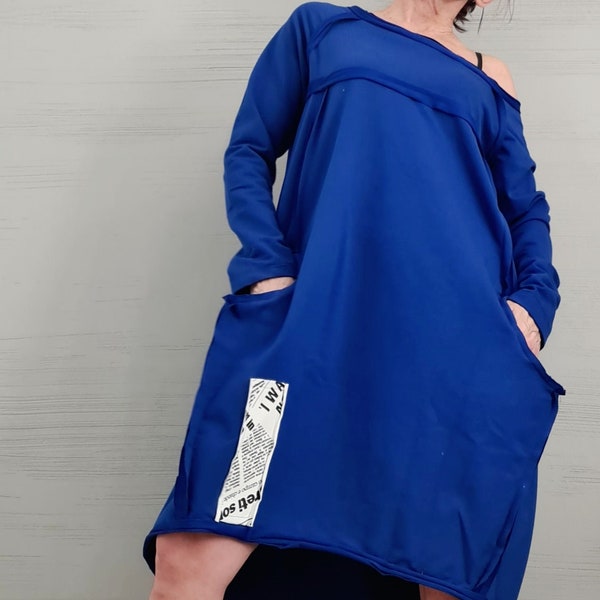 New collection Royal blue Dress, One Shoulder Dress, Tunic Dress, Plus Size Clothing, Blouson Dress, Asymmetric Dress, Long Sleeve Dress