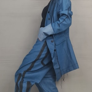 New collection Extravagant Denim Women Costume, Asymmetric Avant Garde Blazer, Women Harem Pants, Deconstructed Futuristic Clothing