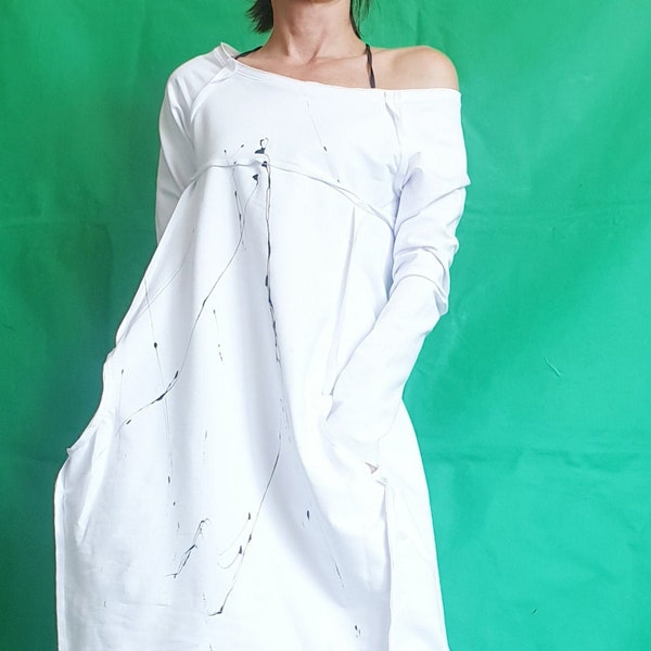 White Dress For Women, Asymmetric Dress, Plus Size Clothing, White Cotton Dress, One Shoulder Dress, Loose Fit Dress, Bubble Dress, Pockets