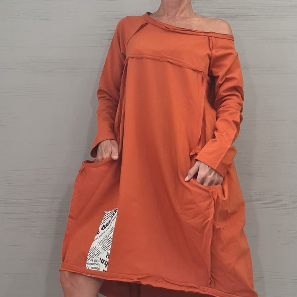 New collection Brick Orange, One Shoulder Dress, Tunic Dress, Plus Size Clothing, Blouson Dress, Asymmetric Dress, Long Sleeve Dress