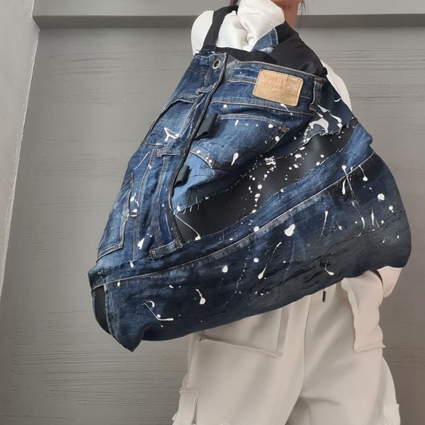 Grand sac en jean de créateur, sac en jean extravagant, sac fait main, sac asymétrique