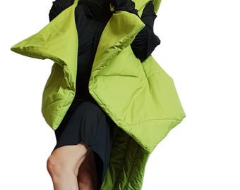 Apple Green Asymmetric Puffer Vest, Long Quilted Sleeveless Coat with Oversized Hood, Plus Size