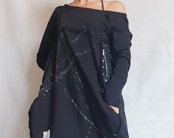 Robe noire, Robe asymétrique, Robe tunique, Vêtements grande taille, Robe blouson, Robe asymétrique, Robe à manches longues, Robe longueur genou