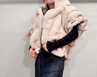 Beige Extravagant Winter Jacket, Women Short Jacket, Asymmetric Jacket, Waterproof Jacket, Windproof Jacket, Puffer Jacket, Quilted Jacket