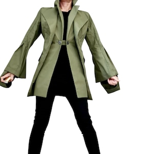 Olive Green Cotton Asymmetric Blazer, Fitted Long Jacket, Flared Sleeve Coat