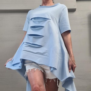 Avant Garde Light blue Tunic, Deconstructed Top, Loose Tunic, Asymmetric Blouse, Oversize Tunic, Short Sleeve