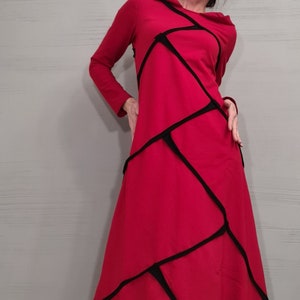 New collection Long Hooded Red Dress, Loose Dress, Plus Size Clothing, Cotton Dress, Extravagant Dress, Long Sleeve Dress,