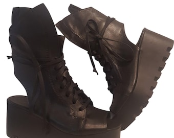 Black Asymmetrical Sandal, Platform Gothic Shoes, Open Toe Summer Combat Boots