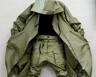 New collection Long loose hooded Jacket with Extravagant Military Green Pants, Boyfriend Pants with Military Green Trench Coat