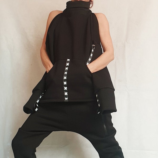 Extravagant Women Tracksuit, Black Cotton Set, Sexy Open Blouse, Women Harem Pants, Two Piece Set, Women Urban Outfit, Hip Hop Black Set