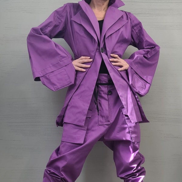 New collection Purple Extravagant Women Costume, Asymmetric Avant Garde Blazer, Women Harem Pants, Deconstructed Futuristic Clothing