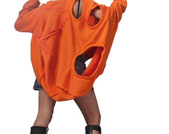 Orange Oversized Blouse for Women | Deconstructed Cotton Tunic | Artistic Top