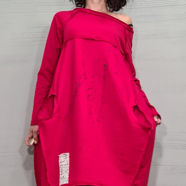 Red Extravagant Dress, One Shoulder Dress, Tunic Dress, Plus Size Clothing, Blouson Dress, Asymmetric Dress, Long Sleeve Dress