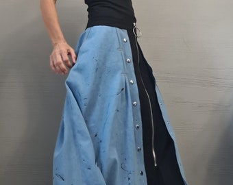 New collection Extravagant Long Skirt, Cotton Denim Skirt, Deconstructed Avant Garde Skirt