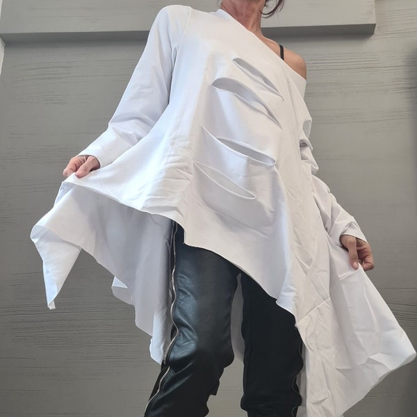 Avant Garde White Tunic, Deconstructed Top, Loose Tunic, Asymmetric Blouse, Oversize Tunic, Long Sleeve