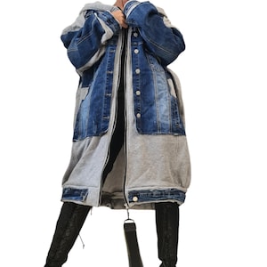 Avant Garde Denim Cotton Hoodie | Oversize Plus Size Sweatshirt | Handmade Streetwear for Women