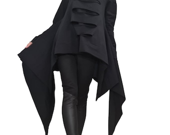 Black Asymmetric CottonTunic, Long Sleeve Top