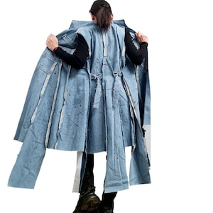 Light Blue Denim Long Vest, Artistic Painted Sleeveless Coat, Avant Garde Women’s Clothing, Asymmetric Denim Jacket Vest Extravagant Vest