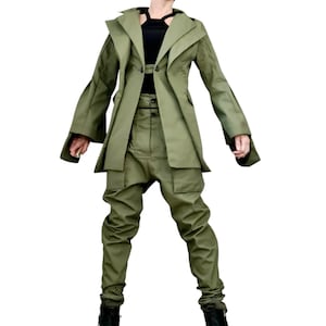 Avant Garde Cargo Suit, Extravagant Double Lapel Blazer and Pants, Olive Green Military Style Women’s Set