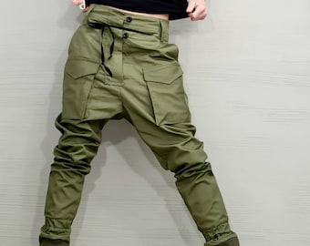 Extravagant Military Green Pants, Harem Casual Pants, Urban Pants, Loose Pants, Boyfriend Pants, Outer pockets, New collection