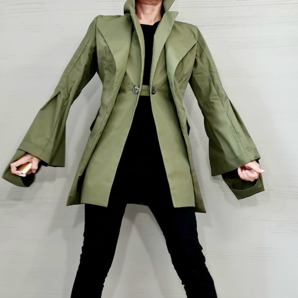 New collection Military Green Avant Garde Blazer, Extravagant jacket, Asymmetrical Jacket, Deconstructed Futuristic Clothing, Gothic Blazer