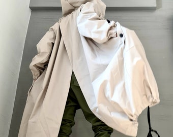 Extravagant Long Loose Hooded Jacket , Spring Blazer, Asymmetrical Jacket, Light Beige Trench Coat, Gothic, New collection
