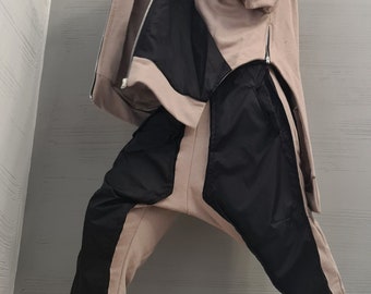 New collection Outwear Women Set, Beige Extravagant Harem Pants, Asymmetrical Sweatshirt Hooded, Extravagant Cotton Set